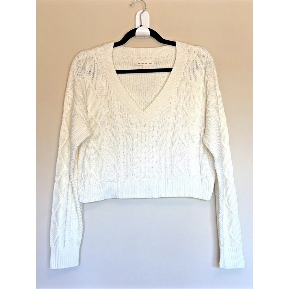 Aeropostale Cream Ivory Cable Knit Vneck Cropped Sweater Womens‎ Medium NWOT NEW